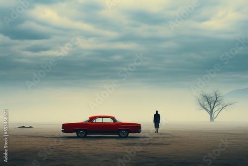 Illustration of loneliness. A car and a silhouette of a man stand on an open field