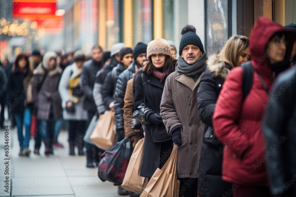 Many people standing in line near a store window during the cold season, the concept of sales, the Christmas shopping rush and promotions Many people standing in line near a store window during the cold season, the concept of sales, the Christmas shopping rush and promotions