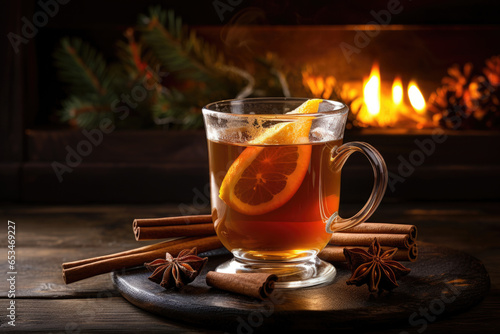 A steaming mug of hot buttered rum garnished with a cinnamon stick, showcasing the warm and comforting beverage on a cozy winter evening