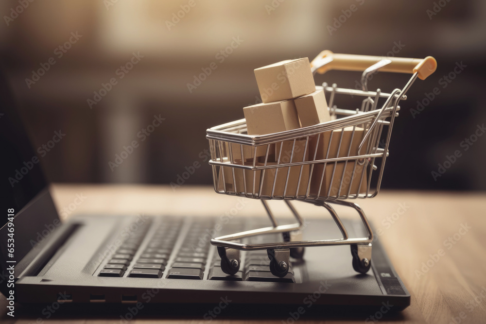 Shopping online. cardboard box with a shopping cart logo in a trolley on laptop keyboard. Generative Ai