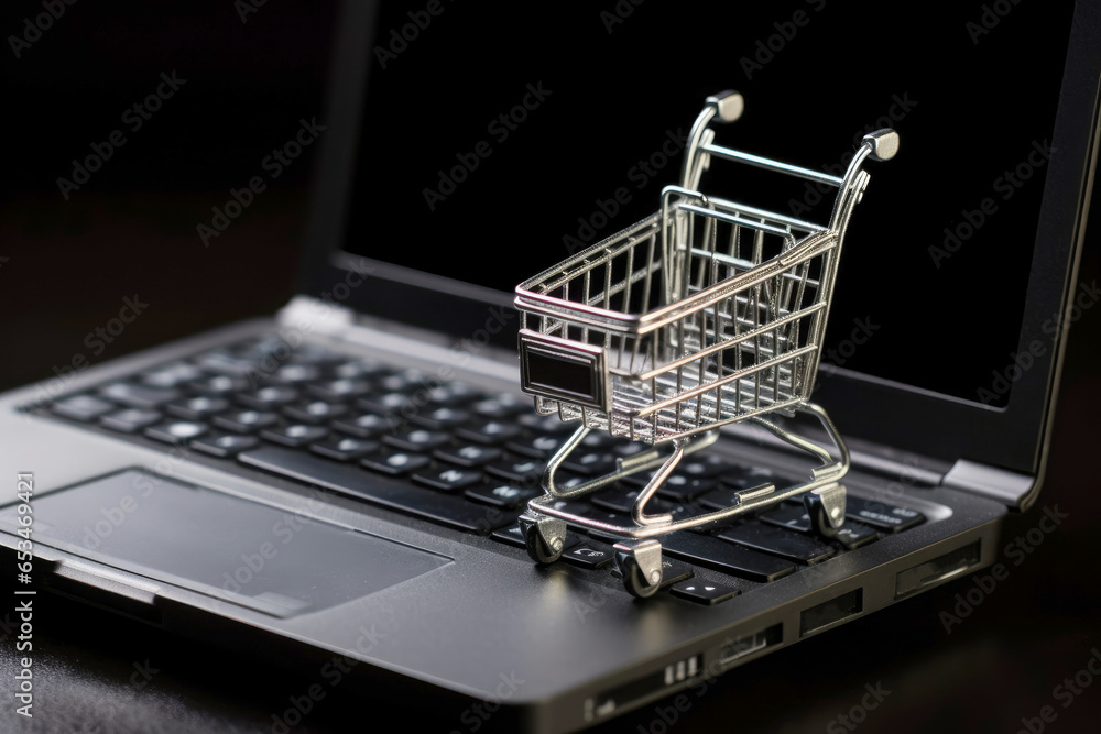 Shopping online. cardboard box with a shopping cart logo in a trolley on laptop keyboard. Generative Ai