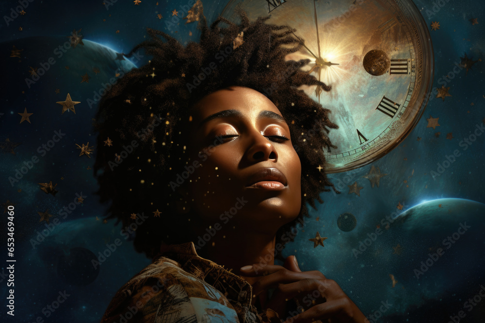 A portrait of a woman of African descent in front of a wall of clocks and alarms, a visual representation of the pressure of deadlines and time management - obrazy, fototapety, plakaty 
