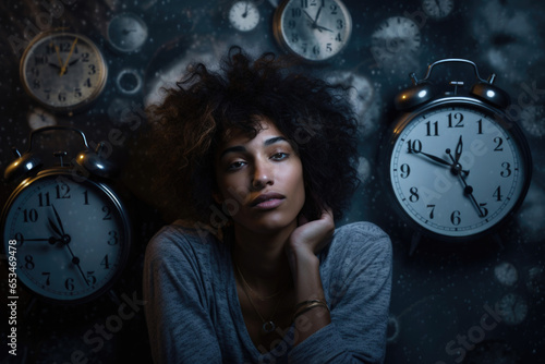 A woman of African descent is staring at a clock, a reminder that time is always moving forward and we should make the most of it