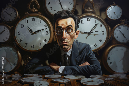 A manager is surrounded by clocks and papers, a reminder that we all face the pressure of deadlines and time management