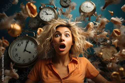 Shocked woman who has problems with dreams against the background of alarm clocks. Sleep disturbance, insomnia, circadian cycles concept