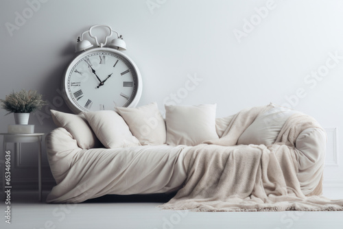 White sofa against a white wall with a large white alarm clock. Concept of time management, daily routine, circadian cycle