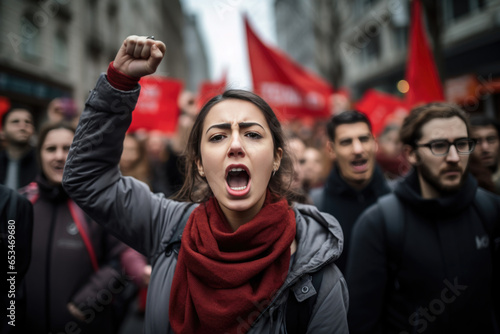 Demonstrations and protests on the city streets. A young woman shouts a cry against the backdrop of a crowd of people © Konstiantyn Zapylaie