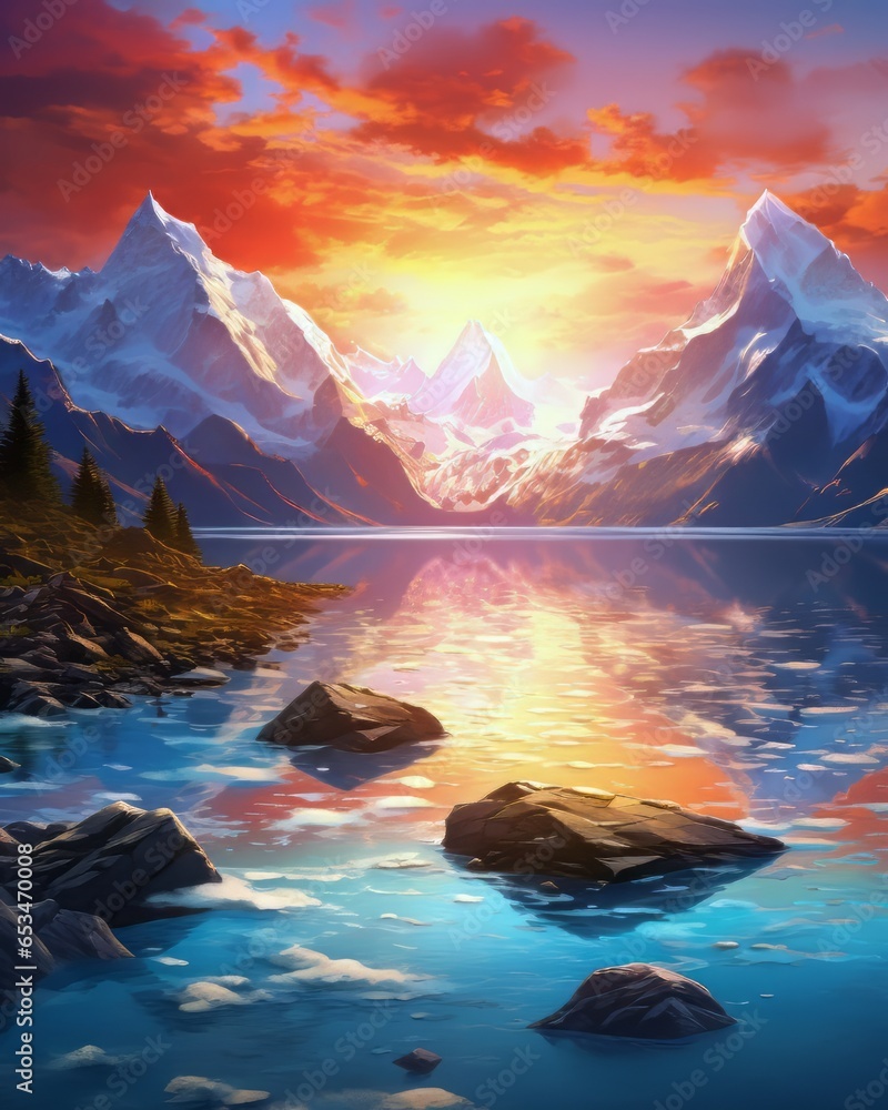 a beatiful sunset with mountains in the background and a lake with glacier water in the foreground