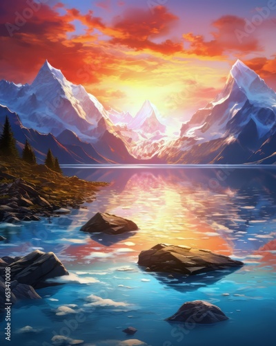 a beatiful sunset with mountains in the background and a lake with glacier water in the foreground