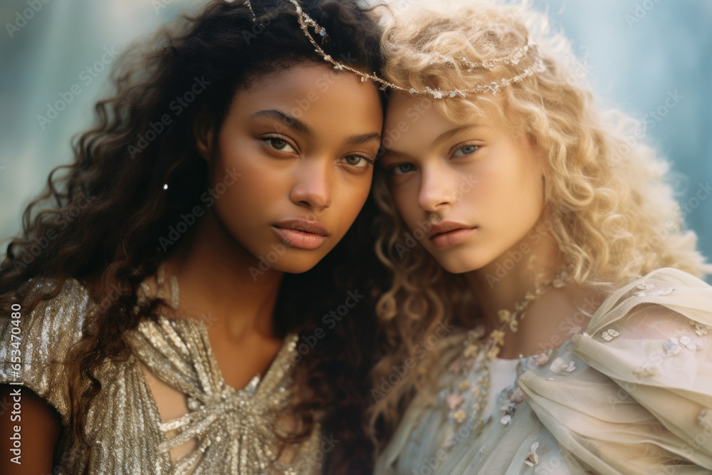 Obraz premium female gay couple/sisters sapphic wlw lgbtq + pale and dark skinned in ethereal magic magazine look for equality diversity pride editorial in textured portra film look 
