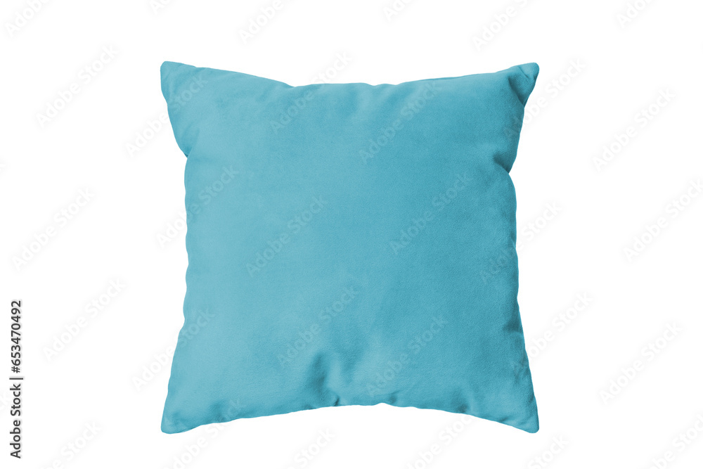 Decorative turquoise rectangular pillow for sleeping and resting isolated on white, transparent background, PNG. Cushion for home interior decor, pillowcase mockup, template for design.