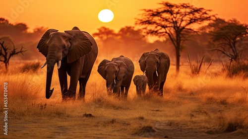 A Herd Of Elephants Walking Across A Dry Grass Field At Africa