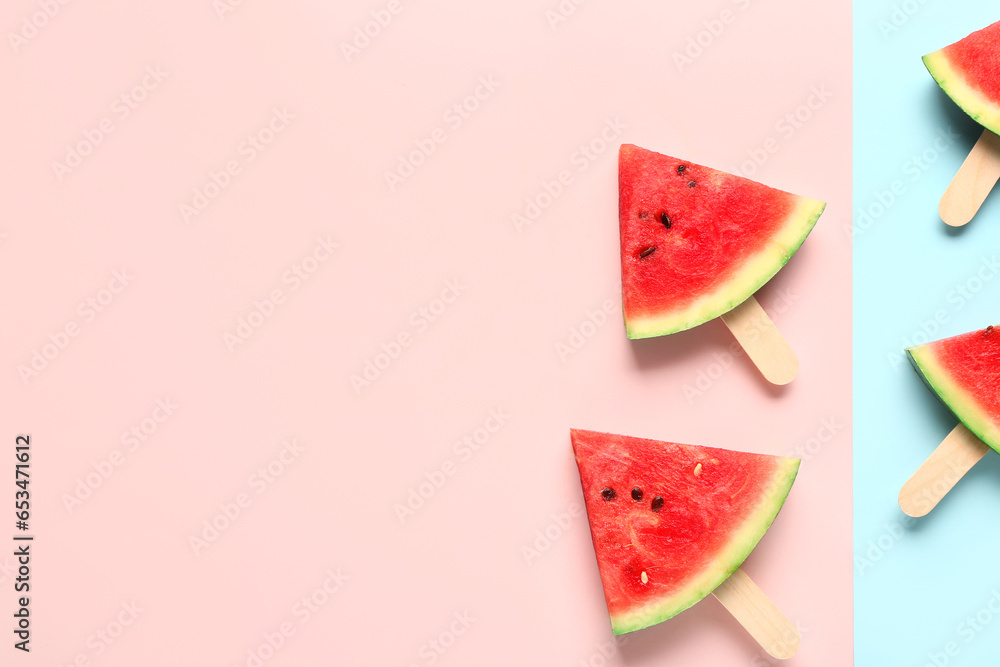 Sweet watermelon sticks on colorful background Sweet watermelon sticks on colorful background