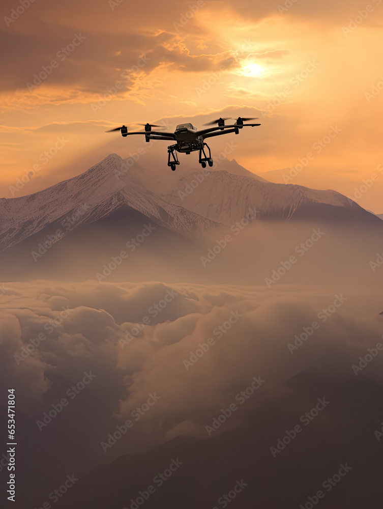 Photograph taken of a drone in flight. Snowy mountains in the background. Image created with AI. Photograph taken of a drone in flight. Snowy mountains in the background. Image created with AI.