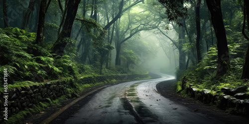 Road through a deep forest. Generative AI