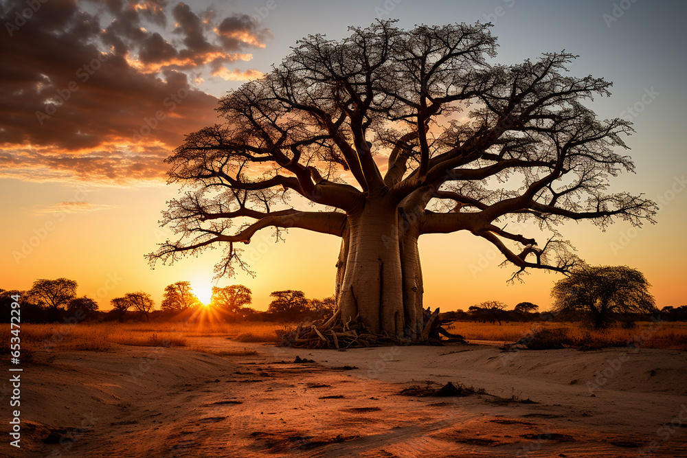 African baobab in the savannah at sunrise, generative AI