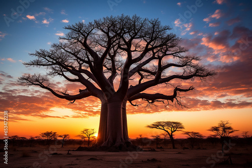 African baobab in the savannah at sunrise  generative AI