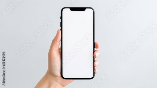 hand holding smartphone with blank white screen