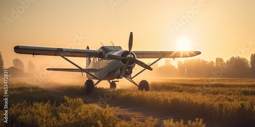 Agricultural aircraft sitting on top of a dirt field / Agricultural field - sun rise / sunset backlight 