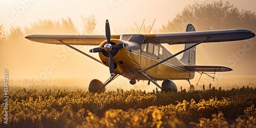 Agricultural aircraft sitting on top of a dirt field / Agricultural field - morning mist feald  photo