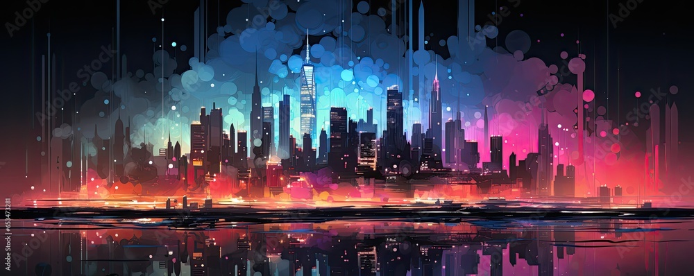 Abstrakcyjna panorama rozświetlonego kolorowymi neonami.