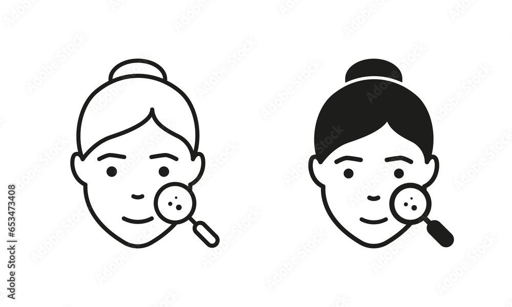 Dermatology Examination of Woman Skin Line and Silhouette Black Icon Set. Skincare Checkup of Girl Face with Magnifier Pictogram. Facial Skin Care Symbol Collection. Isolated Vector Illustration Dermatology Examination of Woman Skin Line and Silhouette Black Icon Set. Skincare Checkup of Girl Face with Magnifier Pictogram. Facial Skin Care Symbol Collection. Isolated Vector Illustration