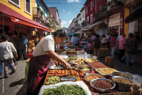 In a bustling market square, street vendors offered an array of exotic foods, their sizzling aromas mingling with the sounds of bartering and the colorful tapestry of cultures.