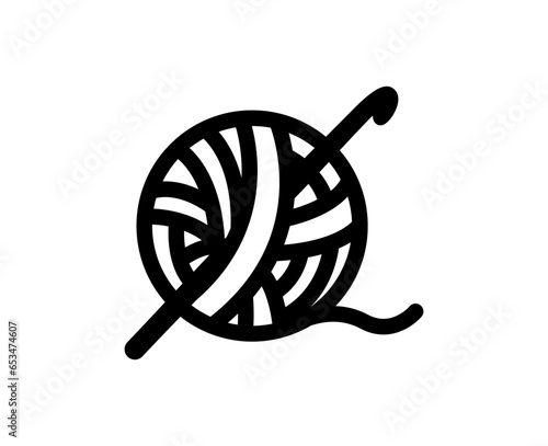 Yarn ball with crochet hook icon. Black line icon, illustration.
