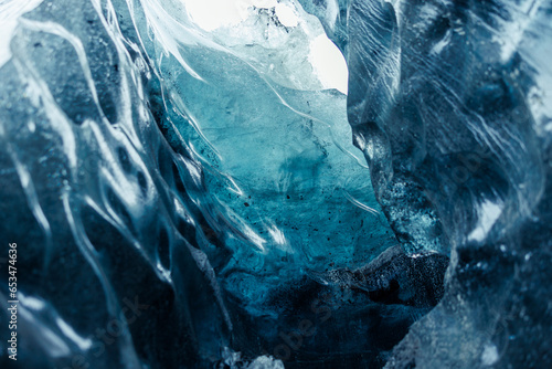 Quadro su tela Massive ice chucks inside crevasse used for glacier hiking, vatnajokull ice mass in scandinavian region