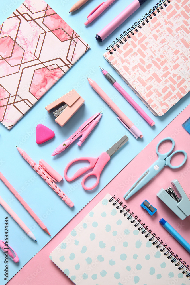Different school stationery and notebooks on colorful background Different school stationery and notebooks on colorful background