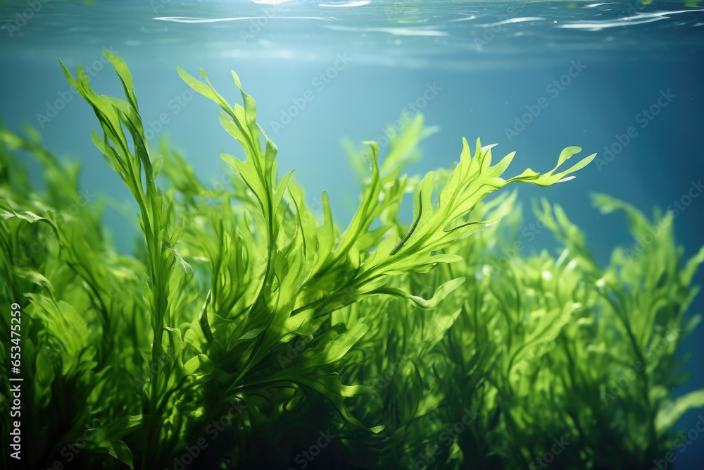 Detailed view of plant immersed in water. This image can be used to depict beauty of aquatic flora and tranquility of underwater environments Detailed view of plant immersed in water. This image can be used to depict beauty of aquatic flora and tranquility of underwater environments