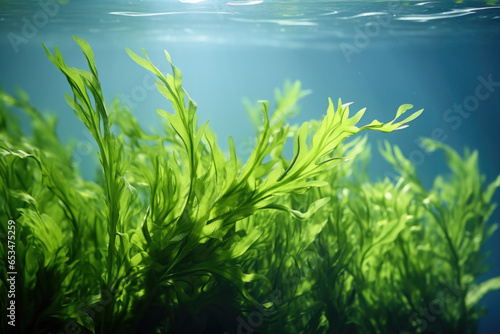 Detailed view of plant immersed in water. This image can be used to depict beauty of aquatic flora and tranquility of underwater environments