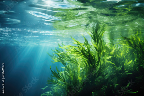Underwater view of plant in water. This image can be used for nature or aquatic-themed projects