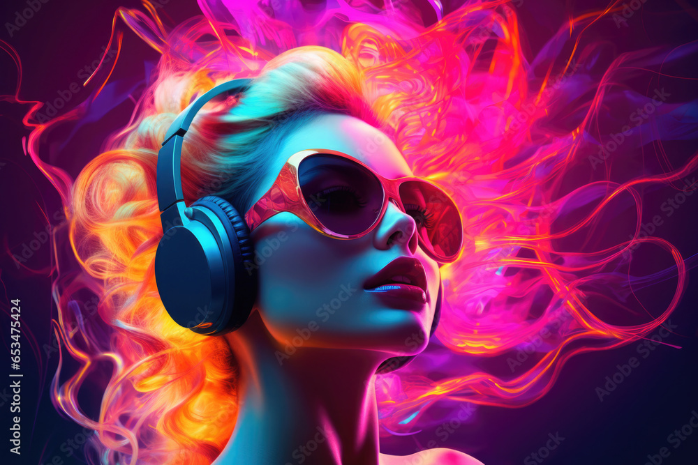shiny electrical energy woman with headphones and sunglasses listening to musc shiny electrical energy woman with headphones and sunglasses listening to musc