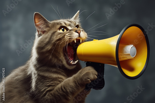 Picture of cat holding megaphone in its mouth. This image can be used to represent communication, leadership, or making statement