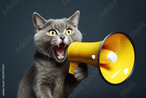 Gray cat holding yellow megaphone in its mouth. This image can be used to represent communication, advertising, or promotion
