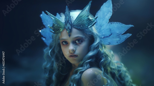 Close-up of a beautiful young girl with long curly blonde hair in a mermaid costume, wears a tiara on her head, illuminated by a soft blue hue lighting. Atmospheric studio portrait on Halloween