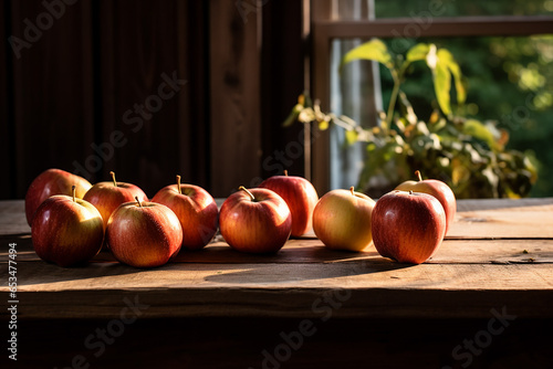 fresh red healthy juicy apples lie on a wooden table  generative AI
