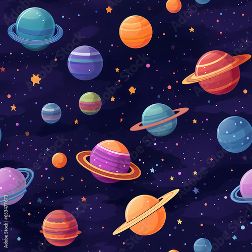 Cartoony space illustration with planets and stars