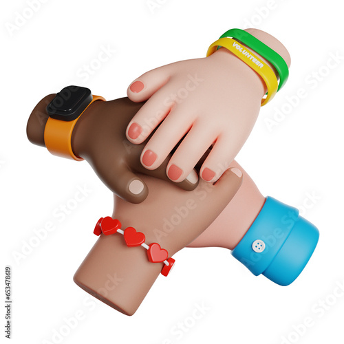 International Volunteer Day. Collaborate Community people hands. 3D render icon.