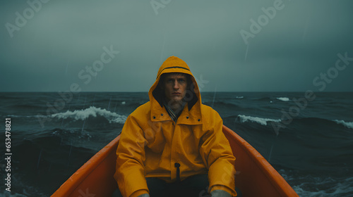 fisherman on his boat during a storm in the ocean