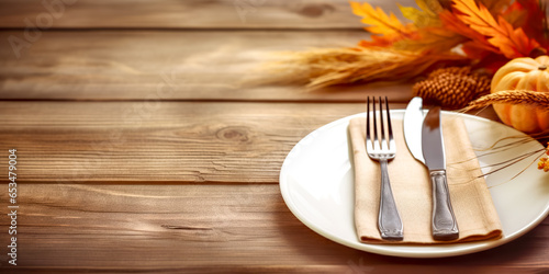 Thanksgiving autumn place setting with cutlery and arrangement of fall leaves. Autumn place setting with fall leaves  napkin and pumpkins.  