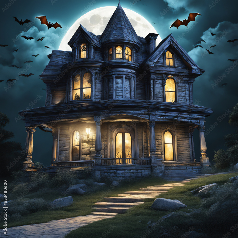 Creepy Haunted House with Full Moon, Bats Flying Overhead, Night, Horror, Halloween Creepy Haunted House with Full Moon, Bats Flying Overhead, Night, Horror, Halloween