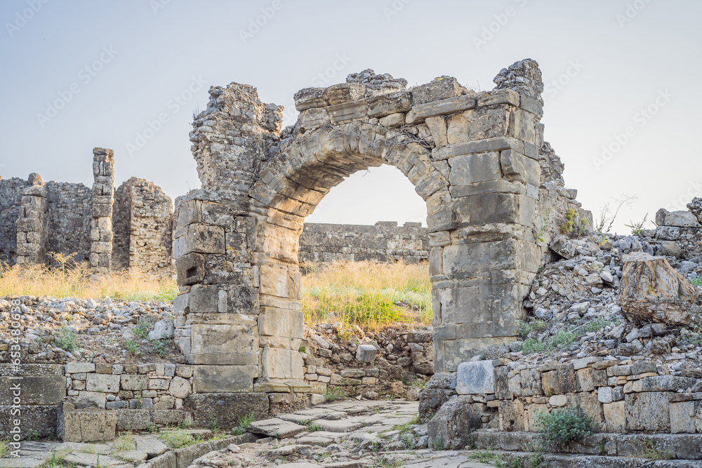 Aspendos Ancient City. Aspendos acropolis city ruins, cisterns, aqueducts and old temple. Aspendos Antalya Turkey. turkiye