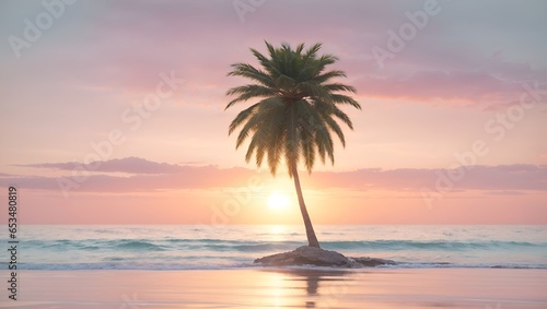 Beautiful sunset on a tropical beach with a palm tree. Seasonal, travel and holiday idea. Sea and nature concept. With copy space.