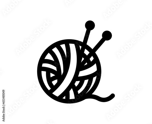 Yarn ball with knitting needles icon. Black line icon, illustration.