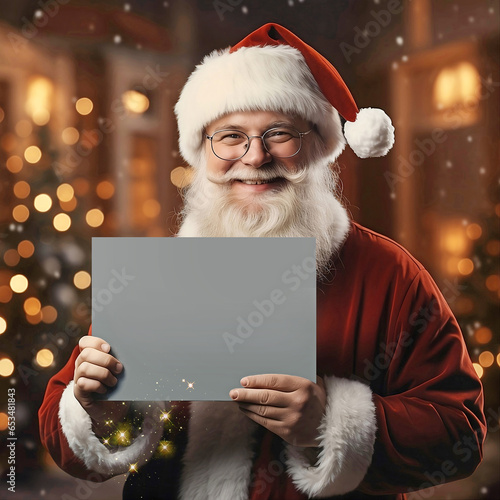 Portrait of Santa Claus with a tablet in his hands on a blurred background. Place for text