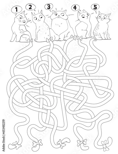 Tangled maze of cat tails. Maze for children. Educational game for kids. Attention task. Choose right path. Funny cartoon character. Coloring book. Worksheet page. Vector illustration