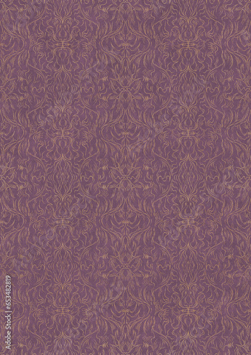 Hand-drawn unique abstract symmetrical seamless gold ornament on a purple background. Paper texture. Digital artwork, A4. (pattern: p11-1e)