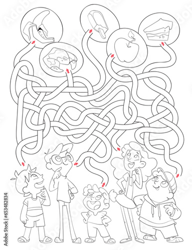 Maze for children. Kids choose their favorite food. Educational game for kids. Attention task. Choose right path. Funny cartoon character. Coloring book. Worksheet page. Vector illustration
